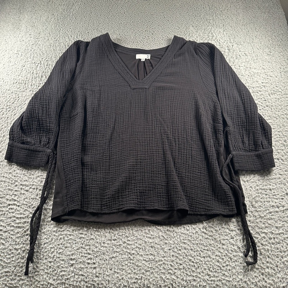 RO & DE Top Womens‎ XL Black V-Neck Gauze Textured 3/4 Sleeve Relaxed Fit